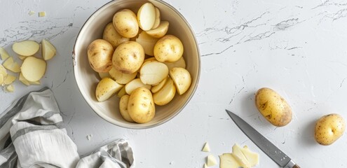 A bowl of potatoes sits on a table, with peels and a kitchen towel next to it. A knife lies nearby.