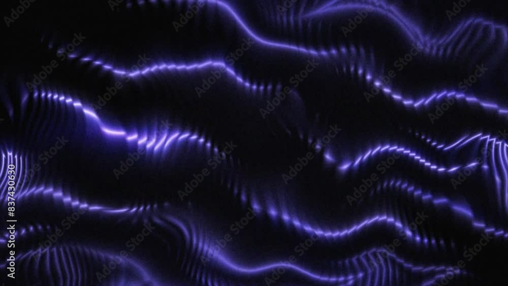 Poster Abstract background with flickering particles in glowing line with grain effect. The concept of space - time. Deep purple color. 3d animation