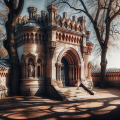 Obraz premium Architectural Features in a Medieval Fortress with Tree Shadows in the Park,digital illustration created with generative ai.