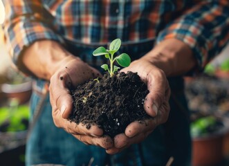 A closeup of hands holding soil with a small green plant against a gardening background