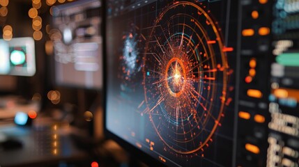 A close-up of a high-energy particle collision experiment displayed on a computer monitor