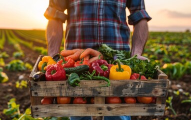 A farmer holding an organic vegetable box in the field, showcasing fresh vegetables from his garden harvests for home growing and sustainable farming practices.