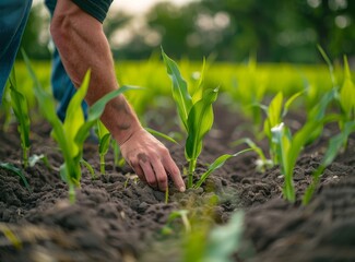 Fototapeta premium A farmer inspecting the growing corn plants in their field, using their hands to touch and check for any health issues between rows of young green leaves.