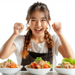 Smiling woman enjoying a healthy salad meal
