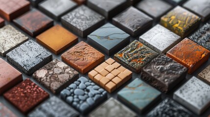 Fototapeta premium Close-up of various textured tiles in different colors and patterns, showcasing diverse materials and intricate designs.
