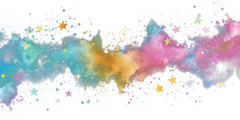 Ethereal Starlight Dance: Watercolor Splashes Garland on Transparent Background. Captivate with Delicate Hues and Whimsical Star Patterns, Perfect for Artistic Projects.