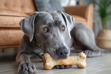 Majestic Great Dane chewing large bone at home in bright living room with neutral walls, light wooden floor, modern sofa, large window letting in sunlight, and the dog looking content and focused.