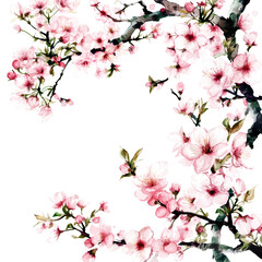 Delicate Sakura Watercolor: Exquisite Cherry Blossom Branches on a Transparent Background 