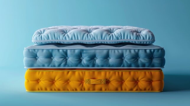 Stack of Colorful Mattresses. A stack of three colorful mattresses with tufted patterns, set against a clean blue background.