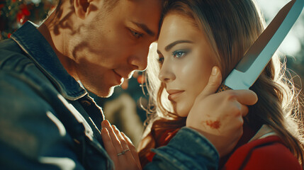 A young woman stares intently into the eyes of a man, holding a knife to her throat. The scene is bathed in warm, golden light, creating a sense of danger and intrigue