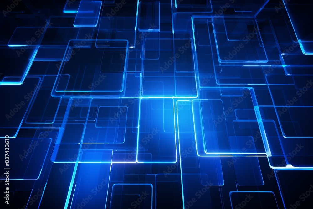 Poster futuristic digital abstract background with blue glowing squares and lines representing technology, 