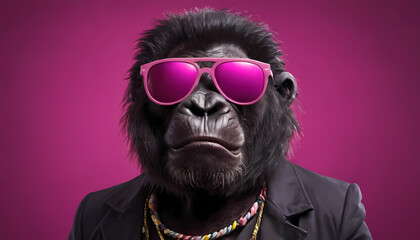 Capturing the flair of a stylish chimpanzee wearing pink sunglasses, this image highlights aesthetics through humorous and unconventional imagery,  card with copy space