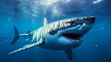 Fototapeta premium Great white shark swimming in the deep blue ocean, showcasing its sharp teeth and powerful presence underwater.