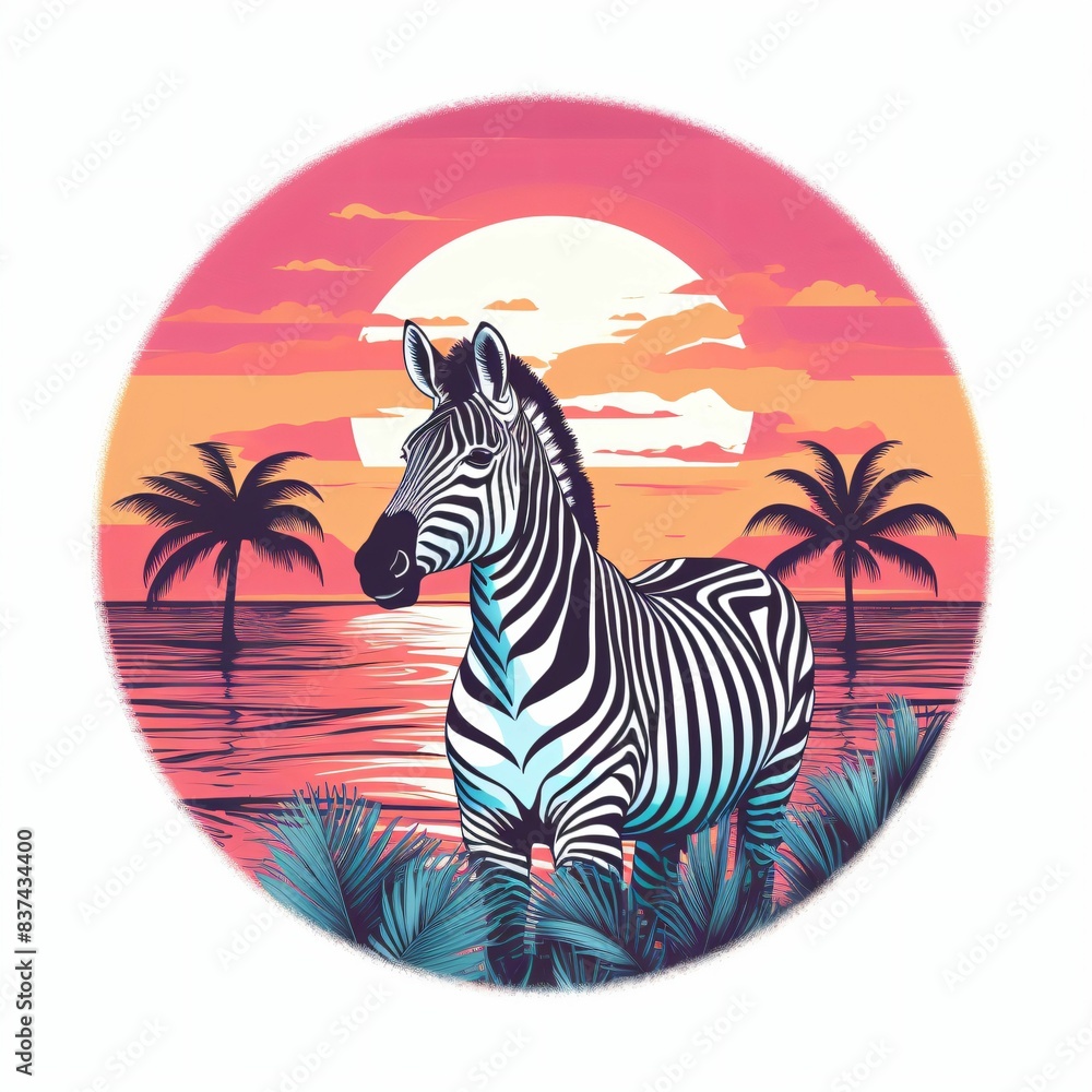 Sticker a zebra is standing in front of a sunset over the ocean