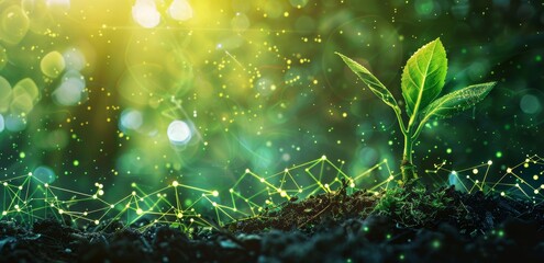 A growing plant sprout stands on the soil, green background with light effects and icons of environmental protection, technology, energy saving concept banner, wide format, high resolution