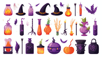 Witch object set - spooky magic equipment vector illustration
