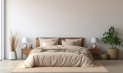 Beige Linen Duvet and Pillows on Large Bed in Empty Room