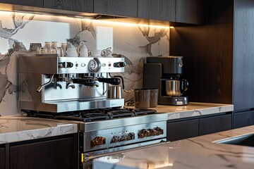 Modern sleek kitchen showcasing marble backsplash and luxury espresso machine