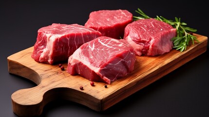 Raw beef steaks on a wooden cutting board with rosemary garnish, ready for cooking, against a dark background.