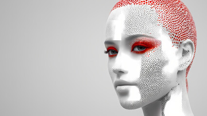 a woman's face is shown with dots in the shape of a head and a line of dots in the shape of a woman's head.	