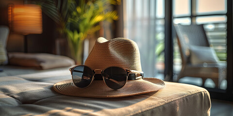 Straw Hat and Sunglasses on a Tropical Beach Chair