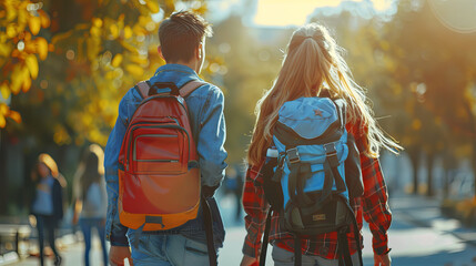 Fototapeta premium Group of Students Walking to School in Autumn