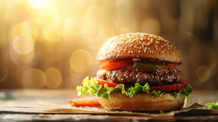 Close-Up of a Delicious Burger with Fresh Toppings and Sesame Bun