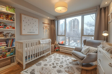 Modern beige nursery with white crib, grey rocking chair, patterned rug, changing table with storage, bookshelf with children's toys, large window with blackout curtains, and soft cozy atmosphere