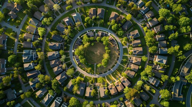 An overhead view of a geometrically perfect circular village layout