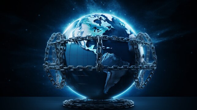 A digitally enhanced image of Earth wrapped in chains, symbolizing global constraints or data security, displayed on a dark background.