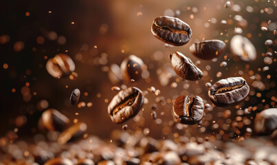 Dynamic Roasted Coffee Beans Falling with a Warm Backlit Glow