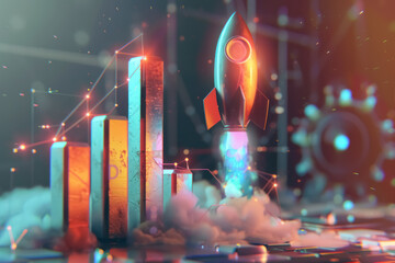 3D Business Growth Graph with Rocket Launching, Concept of Success and Innovation