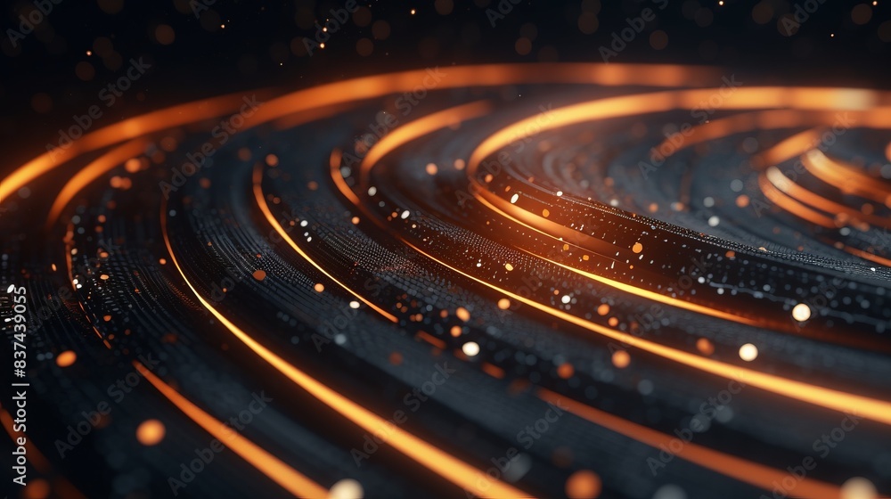 Poster abstract digital background with glowing orange streaks and particles creating a futuristic, dynamic