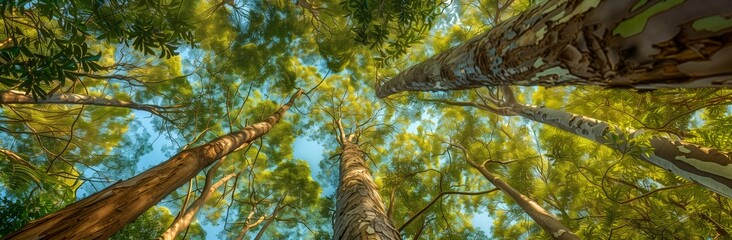 Tall Trees Reaching Skyward with Sunlit Green Foliage and Blue Sky Background in Lush Forest