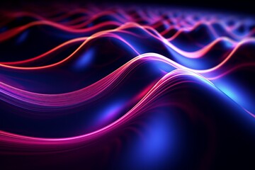 Abstract digital waves in vibrant neon colors creating a futuristic, glowing landscape with dynamic light reflections and smooth, flowing curves.