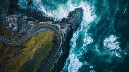 An overhead view of a winding coastal road with steep cliffs and crashing waves - Powered by Adobe