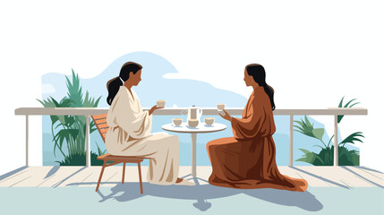 Women couple in bathrobes eating having breakfast o