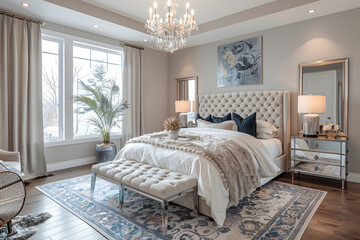 Glamorous beige and light grey bedroom with king-sized bed, tufted velvet headboard, bedside tables, crystal lamps, luxurious chandelier, plush area rug, vanity with a large mirror, velvet curtains.