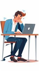 Tired man sitting at the desk and working on laptop. illustration.