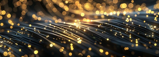 Gold and black fiber optic cables. Technology background