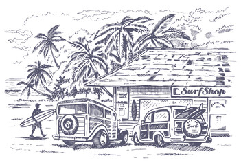 Hand drawn illustration of coastal landscape with surf shop. Art in a laid-back style for prints on t-shirts, decoration, etc.