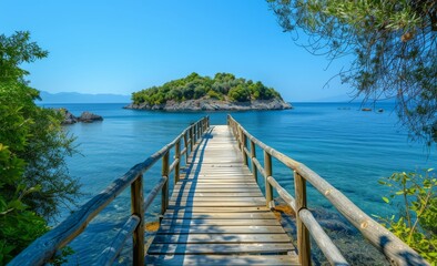 Obraz premium A wooden bridge leads to an island in the distance, with a clear blue sea and sky, bright colors, and natural scenery in the sunshine.
