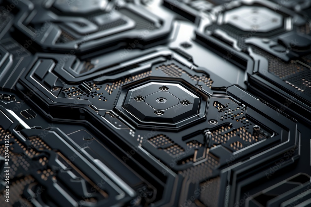 Poster close-up of a futuristic circuit board with intricate metallic details, representing advanced techno