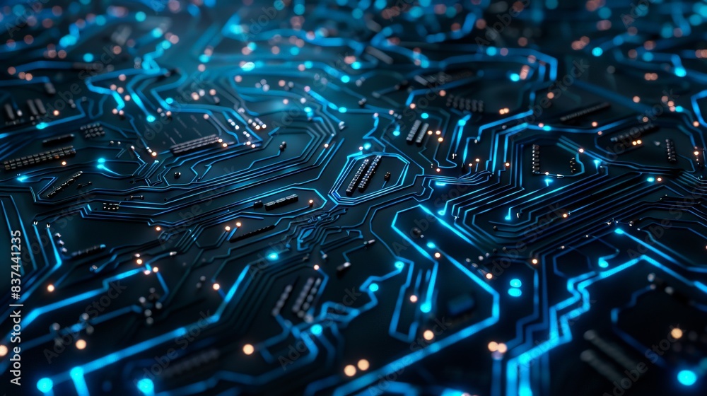 Poster close-up of a glowing blue circuit board, representing modern technology and digital innovation. per