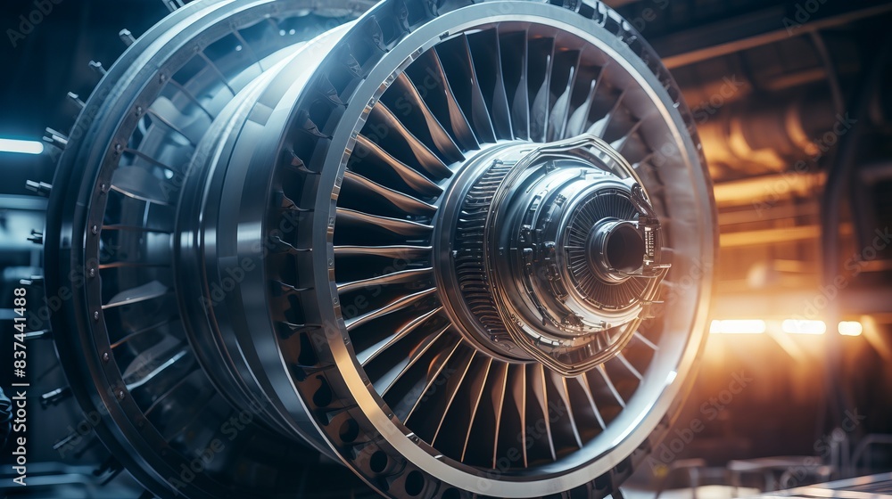 Poster close-up of a large, intricate turbine showcasing engineering complexity and precision in a high-tec