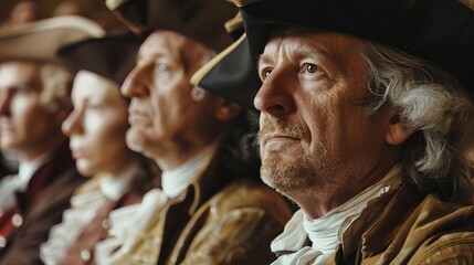 Illustrate a dramatic, tilted angle portrait of historical reenactment during the signing of the Declaration of Independence