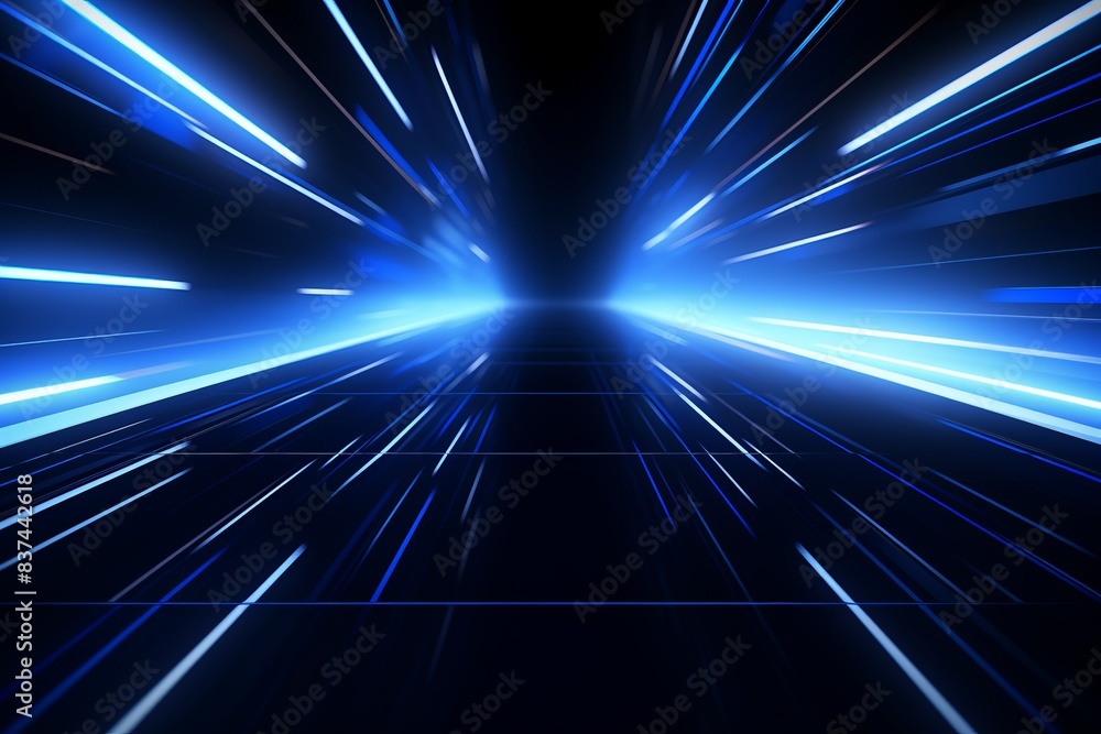 Poster dynamic blue light streaks on a dark background, creating a sense of speed and motion, perfect for f
