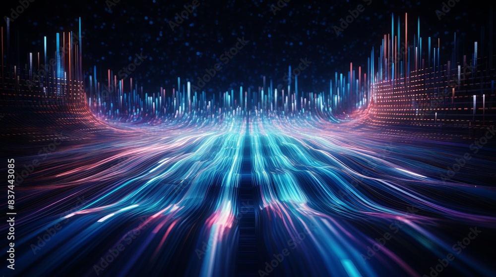 Poster futuristic, vibrant depiction of neon lights and digital waves creating a dynamic abstract backgroun
