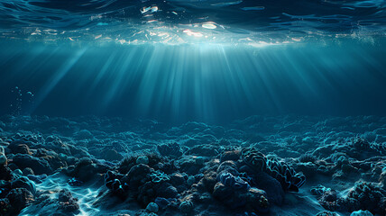 Obraz premium Sunlit bubbles drift in a clear blue ocean, revealing a colorful underwater world