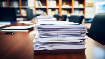 Stacks of documents and paperwork on a desk in an office setting, emphasizing organization and productivity in a professional work environment.